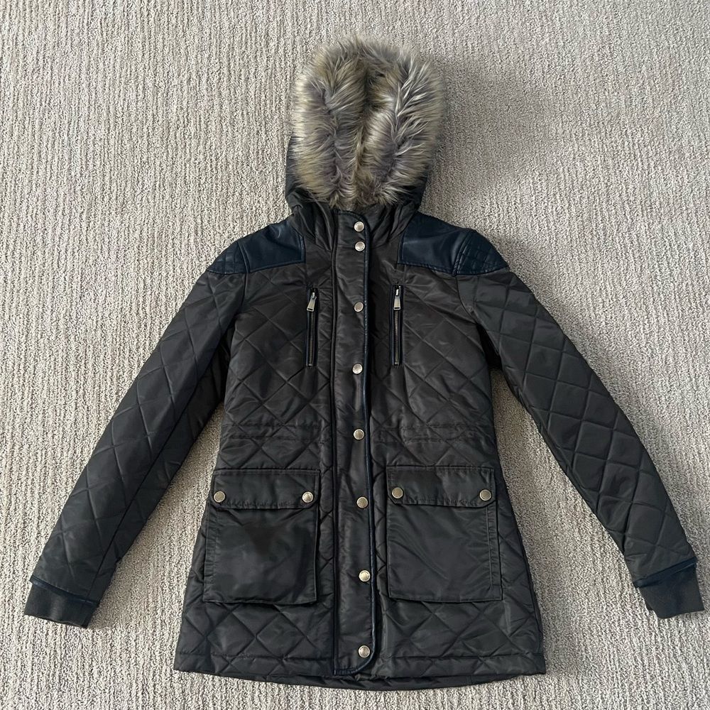 BCBGeneration Dark Olive Quilted Winter Coat with Furry Hood
